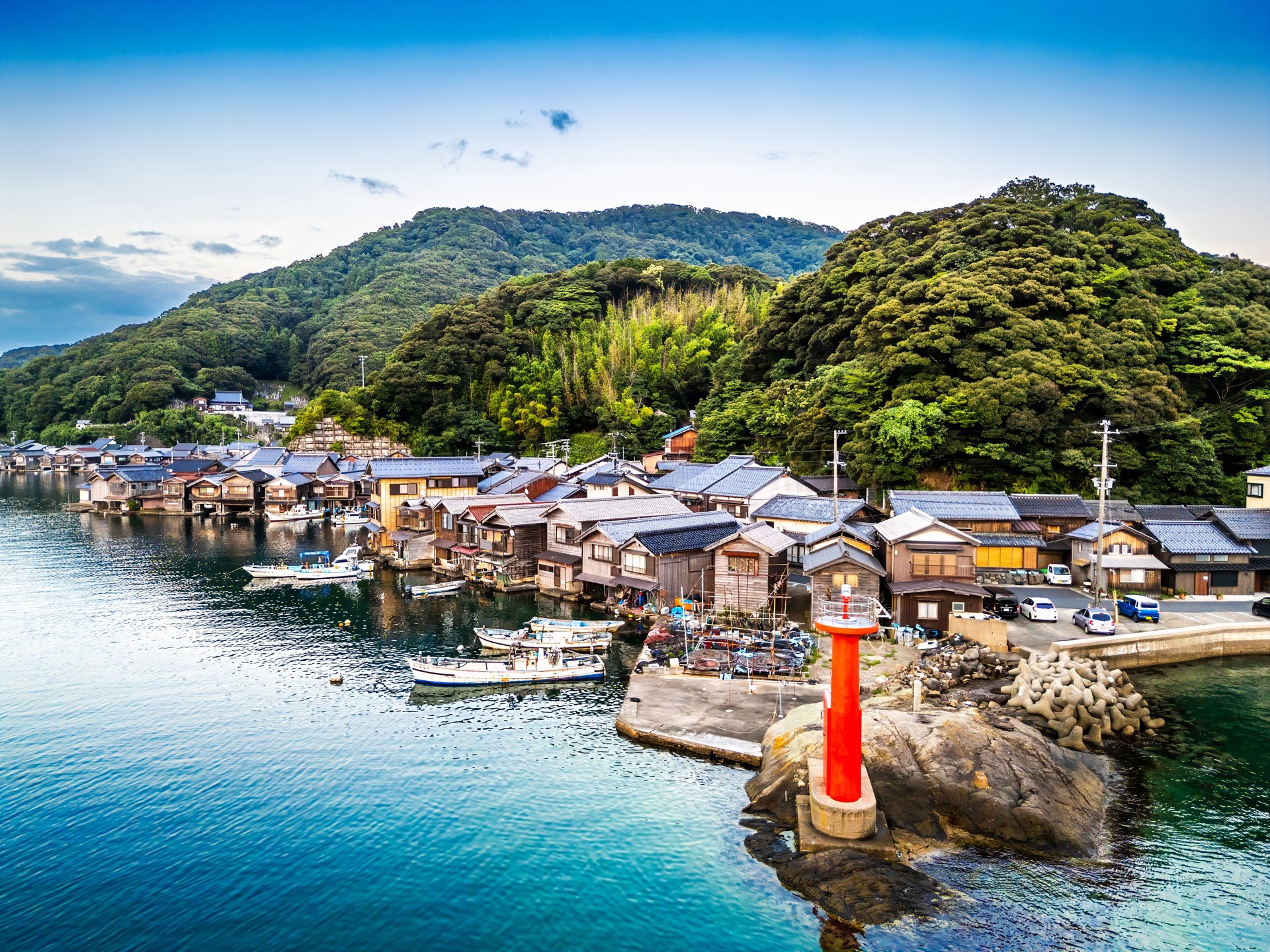 Ine Bay, Kyoto, Japan with Funaya boathouses and the lighthouse