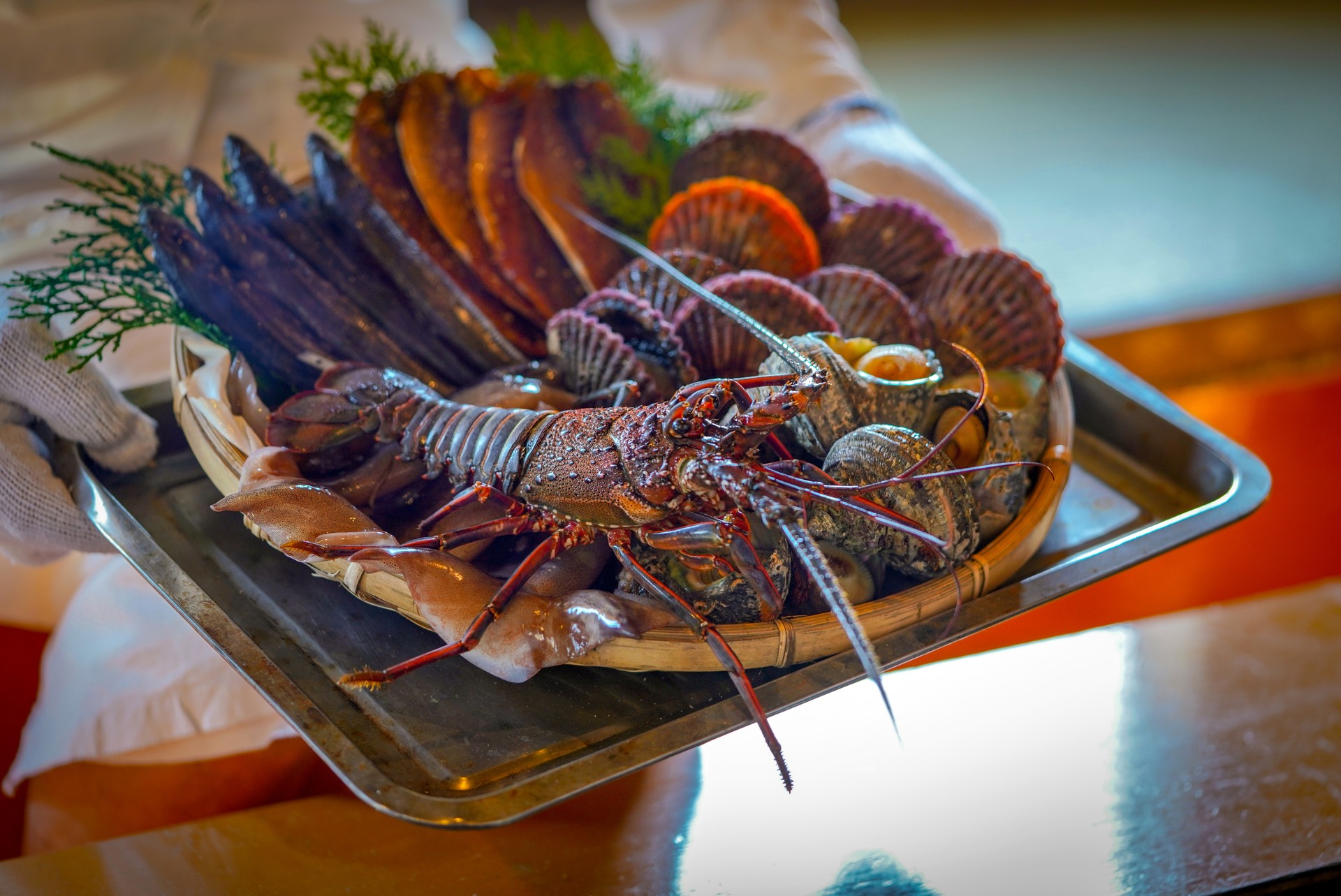 Fresh Seafood Course in Ama Divers"u2019 Hut,"nJapanese Seafood BBQ. (Scallop, Turban Shell, Squid, Dried Fish, fresh Ise-ebi Spiny Lobster)