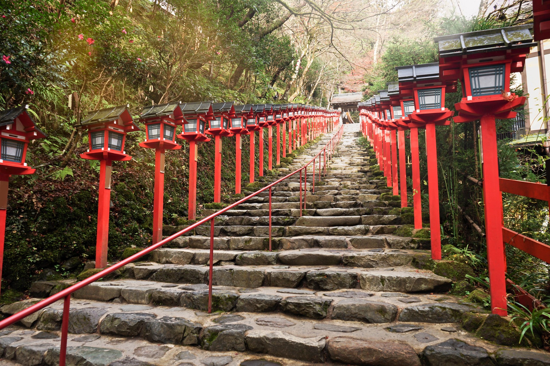 Traditional light pole on the stair up to the Kifune Shrine in Kyoto, Japan.